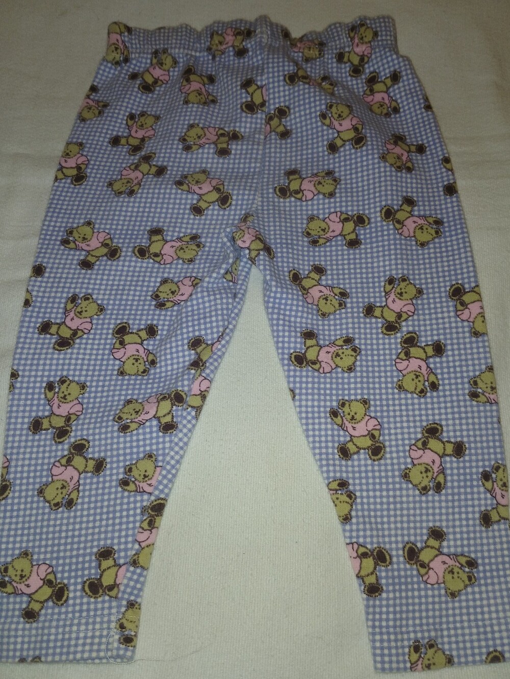 Infant's Cotton Pants in Light Blue Gingham with Bear Print.